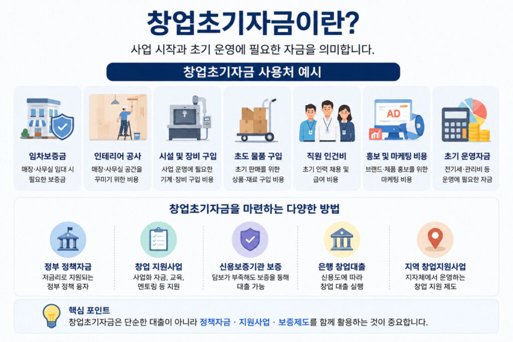 창업초기자금 사용처 인포그래픽 임차보증금 인테리어 시설장비 운영자금
